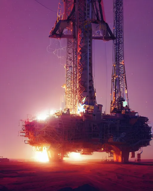 Prompt: a glowing female spirit cries out in agony. drilling rigs bore into the earth in the background. wide shot, detailed, sharp, 8 k, digital art by beeple.