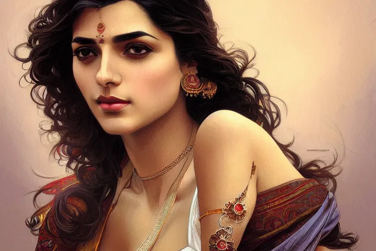 Image similar to sensual pale beautiful indian doctor in jeans, art deco portrait, elegant, intricate, digital painting, artstation, concept art, smooth, sharp focus, illustration, art by artgerm and greg rutkowski and alphonse mucha