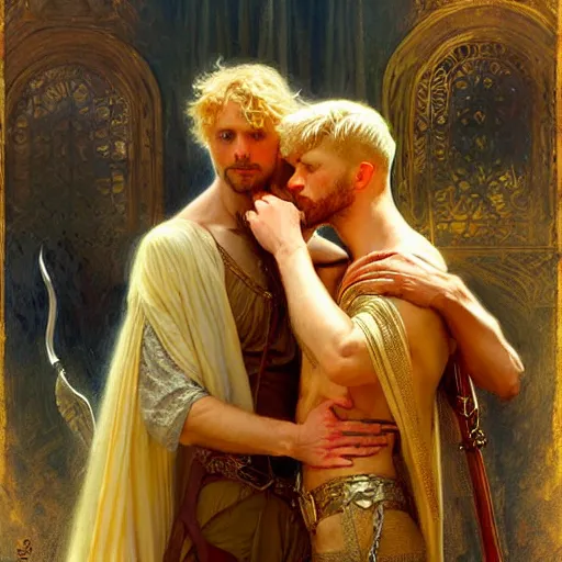 Image similar to stunning arthur pendragon in love with stunning male merlin the mage. they are close to each other. highly detailed painting by gaston bussiere, craig mullins, j. c. leyendecker