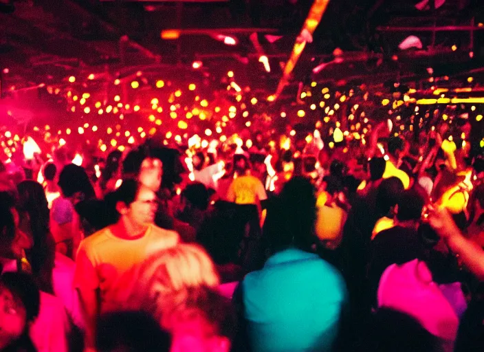 Prompt: a 2 8 mm macro photo of a crowd at a colorful discotheque in silhouette in the 1 9 7 0 s, bokeh, canon 5 0 mm, cinematic lighting, dramatic, film, photography, golden hour, depth of field, award - winning, 3 5 mm film grain