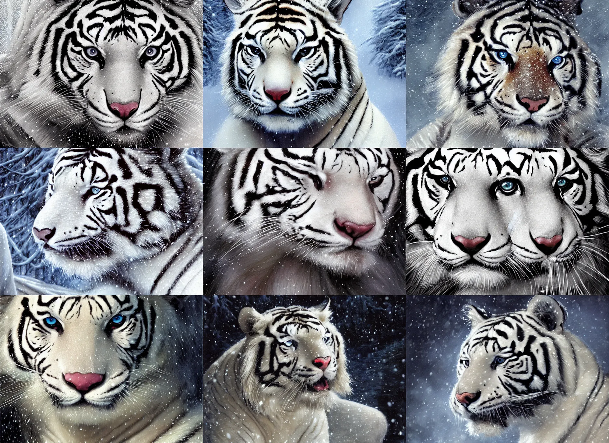 Image similar to close-up face portrait of muscled Denise Richards mounted on a fierce large white tiger, wintery scene, snow storm, Donato Giancola, Mark Brooks, Ralph Horsley, Charlie Bowater, Artgerm, Christopher Balaskas, Bastien Lecouffe-Deharme