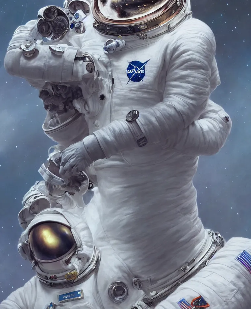 Image similar to realistic photography of an astronaut wearing an adidas space suit, deep focus, intricate, elegant, highly detailed, foggy, misterious, digital painting, artstation, concept art, matte, sharp focus, illustration, art by artgerm and greg rutkowski and alphonse mucha