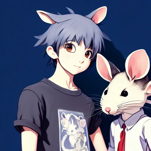 Image similar to a full body portrait of an anthropomorphic rat girl with large furry rat ears, and a long rat tail, dressed in a tee shirt and combats, finely detailed features, closeup on the faces, trending on pixiv fanbox, by makoto shinkai takashi takeuchi studio ghibli, akihiko yoshida