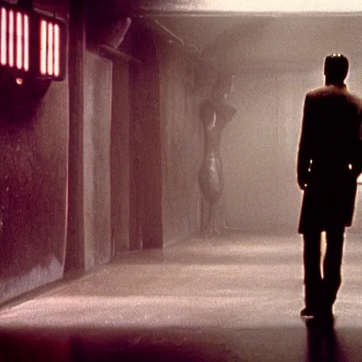 Image similar to the backrooms are empty, there is a lone replicant standing off in the distance, still from the movie bladerunner