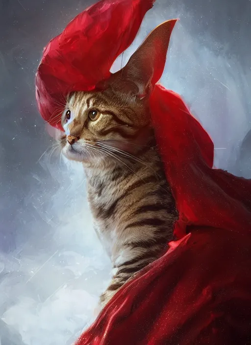 Image similar to side profile of a cat king wearing a crown and red cape, fantasy, digital painting, volumetric light, intricate, sharp, focus, bloom, illustration, highly detailed, concept art, matte, ruan jia, randy vargas, greg rutkowski