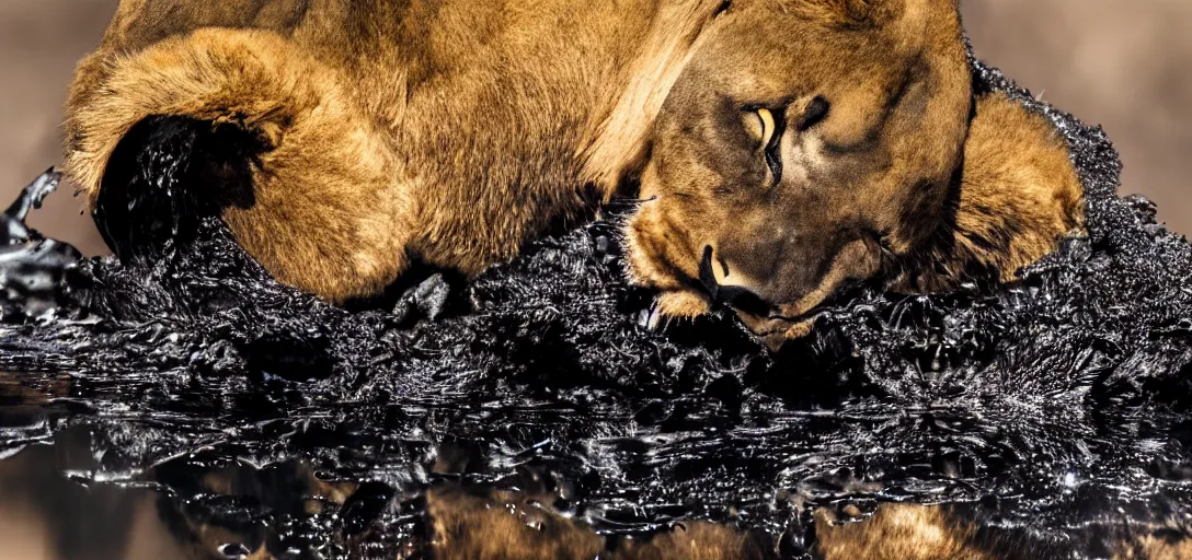 Image similar to a black lioness, made of ferrofluid, bathing inside the lake of ferrofluid, full of goo, covered with ferrofluid. dslr, photography, realism, animal photography, color, savanna, wildlife photography