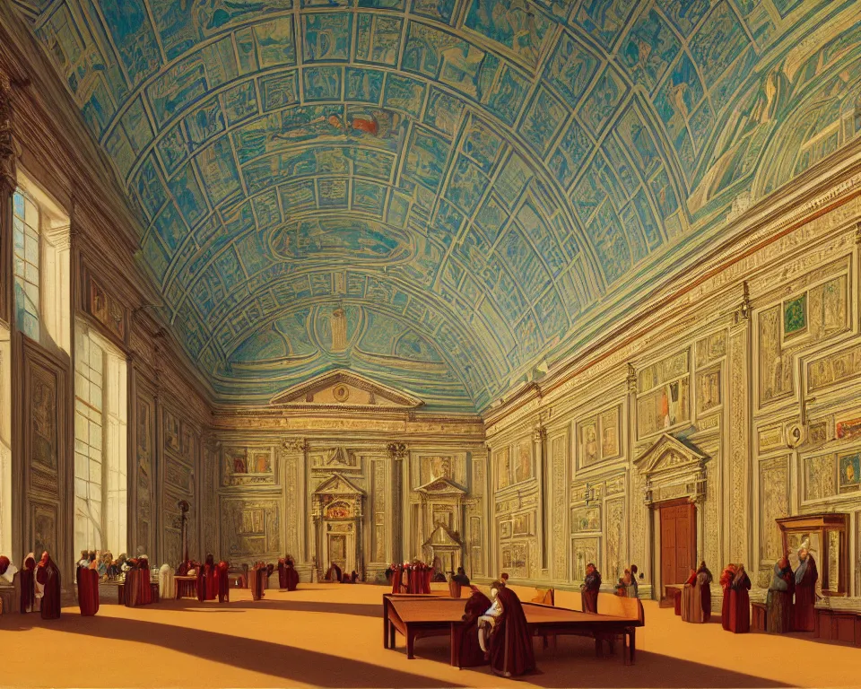 Prompt: an achingly beautiful print of the interior of the Vatican map room teeming with vibrant paintings, classical antiquities, and potted plants by Raphael, Hopper, and Rene Magritte. detailed, romantic, enchanting, trending on artstation.