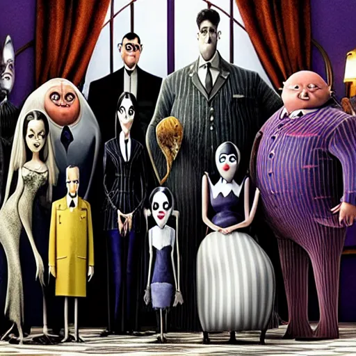 Image similar to a still from the Addams family live action movie directed by Wes Anderson