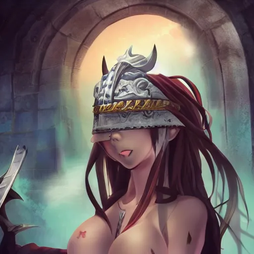 Image similar to pretty anime girl in bikini in sad byzantine mask, concept art, grim dark fantasy stand infront of poor christian farmer.