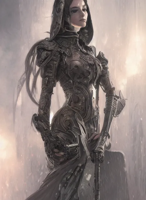 Image similar to portrait of beautiful pale gothic sister of battle, white hairs, warhammer 4 0 0 0 0, cyberpunk, intricate, elegant, highly detailed, digital painting, artstation, concept art, smooth, sharp focus, illustration, art by nikolai fechine and artgerm and greg rutkowski and alphonse mucha and gustav klimt