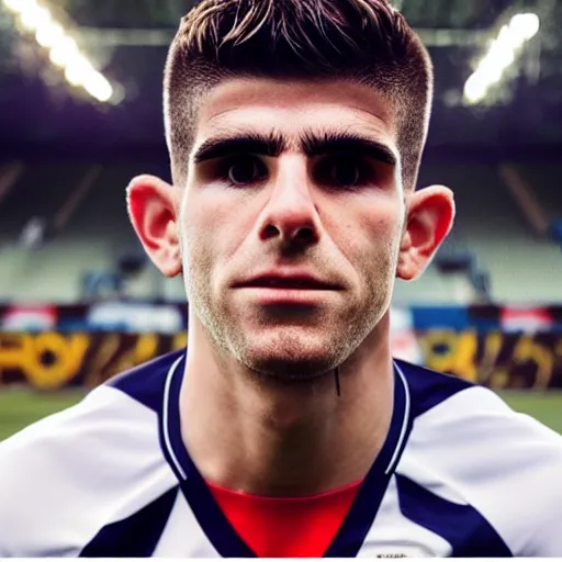 Prompt: “A realistic photo of English football player Christian Pulisic as a part humanoid, part android with shiny skin and wearing his soccer uniform close up very detailed”