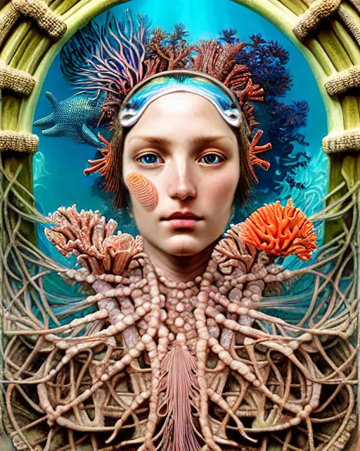 Image similar to hyperrealistic detailed underwater face portrait of the beautiful goddess of the fish skeletons with an intricate headgear of corals, sea kelp, sea plants, fish, starfish, jellyfish, art by ernst haeckel, john william godward, android jones, alphonso mucha, gothic - cyberpunk, ornamental, beautiful deep colours,