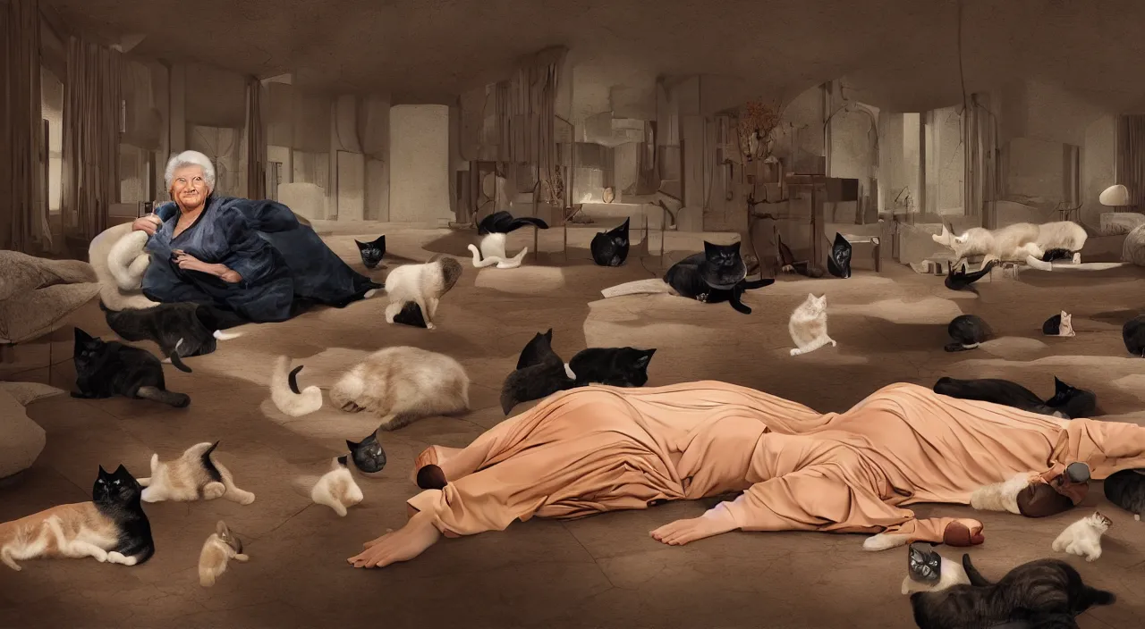 Prompt: a matte painting of old lady laying on a floor surrounded by cats by Frank Lloyd Wright and Zaha Hadid torch volume light stylized illustration digital airbrush painting, 3d rim light, hyperrealistic masterpiece, artstation, cgsociety, kodakchrome, golden ratio