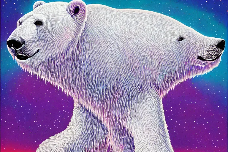 Image similar to a relaxed polar bear looking to the sky by lisa frank, alex grey, flooko, acrylic, digital art, painting,