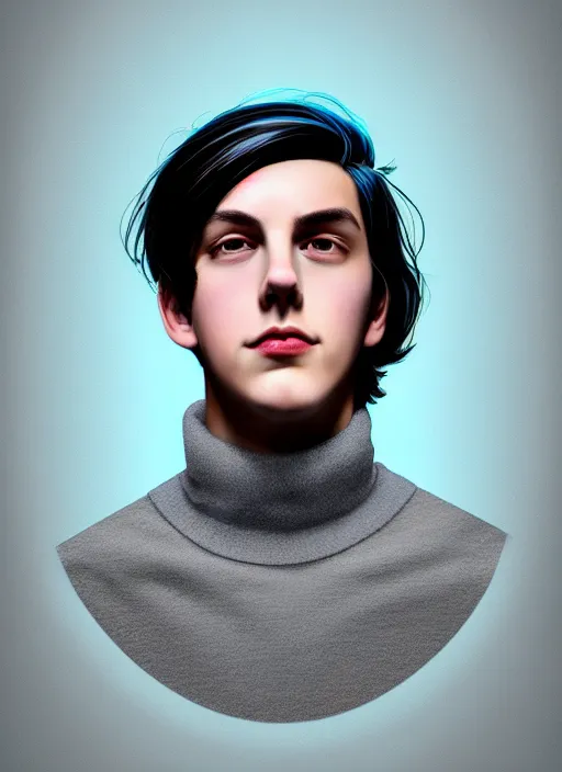 Image similar to portrait of teenage jughead jones wearing a light grey crown, crown, blue turtleneck, closed eyes, photorealistic, black hair, glowing lighting, intricate, elegant, glowing lights, highly detailed, digital painting, artstation, concept art, smooth, sharp focus, illustration, art by wlop, mars ravelo and greg rutkowski