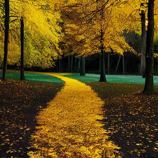 Prompt: Autumn night, Full moon,, path surrounded by trees with yellow leafs, beautiful