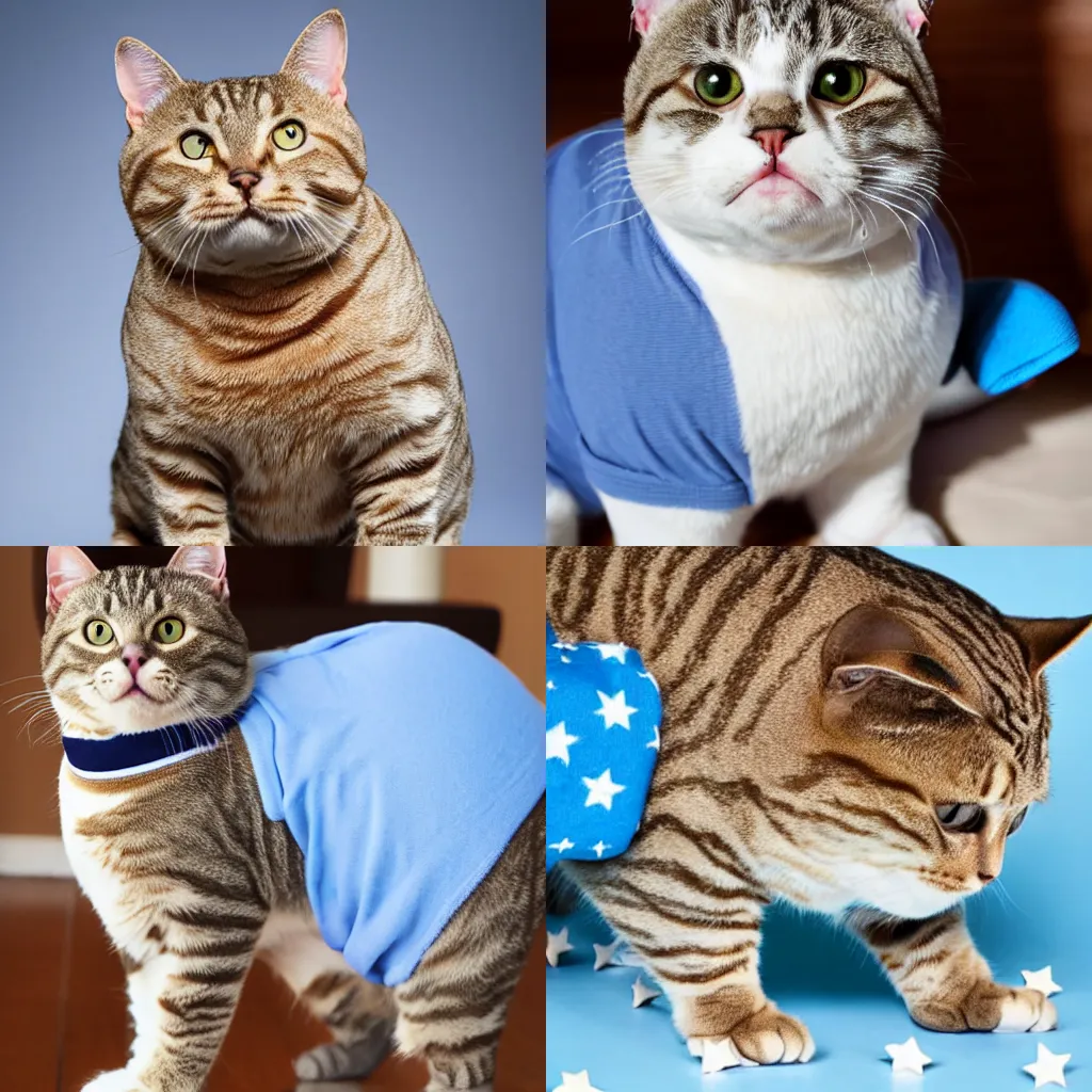 Prompt: overweight tabby cat standing on two feet, wearing light blue boxer shorts with white stars on them
