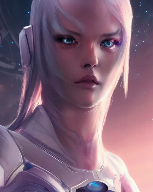 Image similar to perfect android girl on a mothership, warframe armor, beautiful face, scifi, futuristic, galaxy, nebula, raytracing, dreamy, long white hair, blue cyborg eyes, sharp focus, cinematic lighting, highly detailed, artstation, divine, by gauthier leblanc, kazuya takahashi, huifeng huang