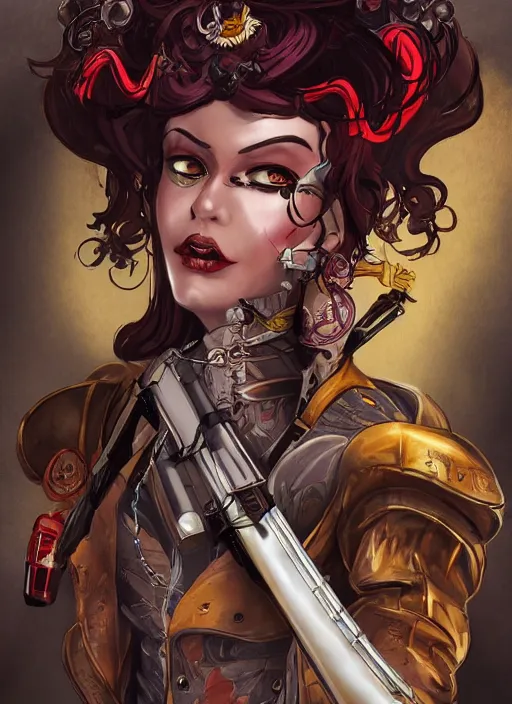 Prompt: Lady Mechanika in a Comic Book cover, holding a shotgun, artstation, Deviantart, Wallpaper, sharp,
