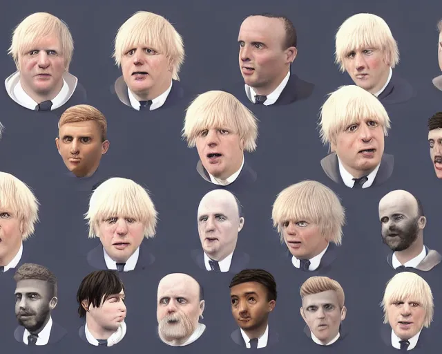 Prompt: boris johnson in 1 0 0 different styles, character art sheet, by various concept artists, redshift render, hyperrealistic face, photorealistic render