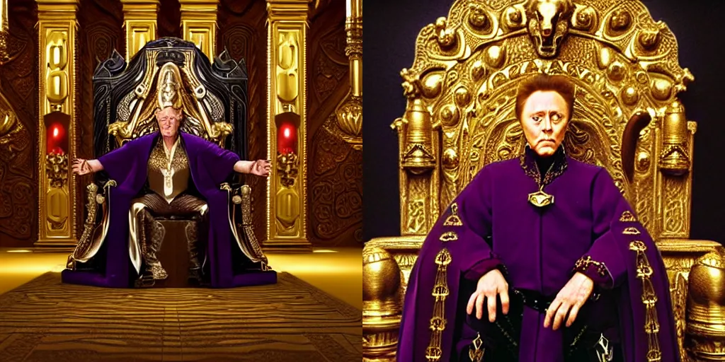 Prompt: Film still of one Christopher Walken as Emperor Shaddam IV (Dune) wearing ornate Tyrian-purple regal leather uniform with two gold-lion-shaped-pins sitting on an ornamented-golden-lion-throne in a dark long Romanesque marble-clad corridor-hall, where sunlight shines through small ornate windows casting shadows, dark atmospheric lighting, intricate details, cinematography by Stanley Kubrick, Ridley Scott