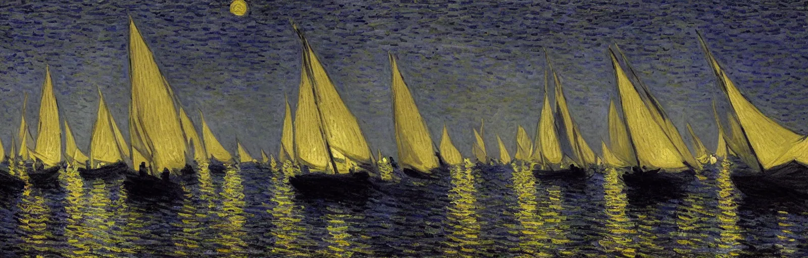 Image similar to An aesthetically pleasing, dynamic, energetic, lively, well-designed digital art of the sailboats on the ocean at night in a low mist, light and shadow, chiaroscuro, by Claude Monet and Vincent Van Gogh, superior quality, masterpiece, excellent use of negative space. 8K, superior detail.