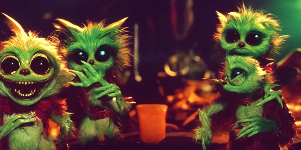 Prompt: Gremlins movie, the gremlins are on mdma in the club, trending on Artstation, 8K, ultra wide angle, pincushion lens effect