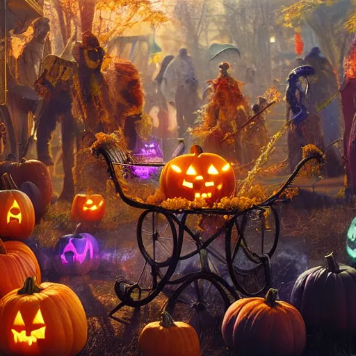 Image similar to colorful potions at the halloween harvest festival, volumetric lighting, 8 k octane beautifully detailed render, post - processing, extremely hyper - detailed, intricate, epic composition, cinematic lighting, masterpiece, trending on artstation, detailed detailed detailed, masterpiece, stunning art by anders zorn, wonderful masterpiece by greg rutkowski, beautiful cinematic light,