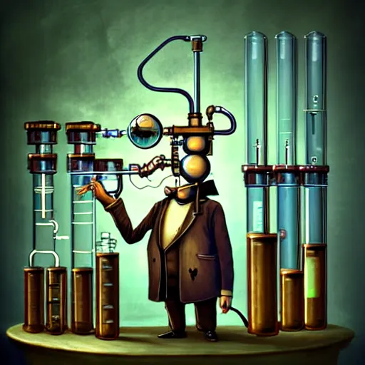 Image similar to steampunk mad scientist Funny cartoonish with test tubes at a science lab, by Gediminas Pranckevicius H 704