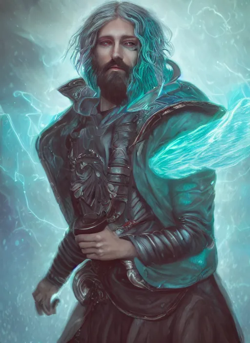 Prompt: An epic fantastic realism comic book style portrait painting of an aasimar hexblade warlock, teal electricity, male, grand angel wings, silver hair, short beard, embers falling, D&D Concept Art, unreal 5, DAZ, hyperrealistic, octane render, cosplay, RPG portrait, dynamic lighting