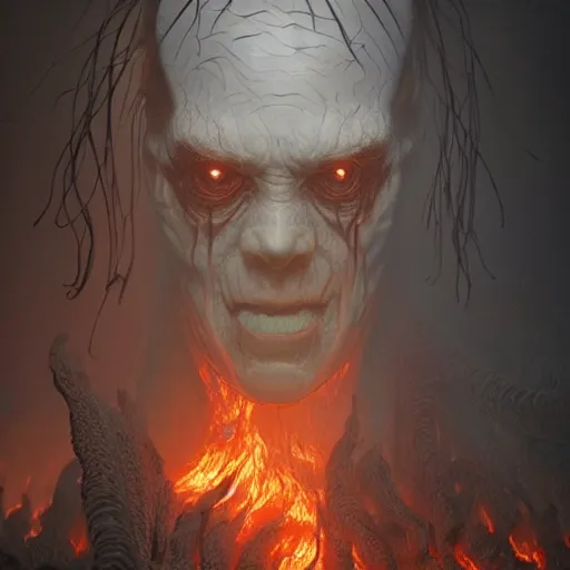 Prompt: a beautiful terrifying monster of ash and smoke, eyes and mouth glowing like burning embers in the style of michael whelan and h. p. lovecraft. hyperdetailed photorealism by greg rutkowski. 1 0 8 megapixels, 3 d finalrender, cinematic lighting.
