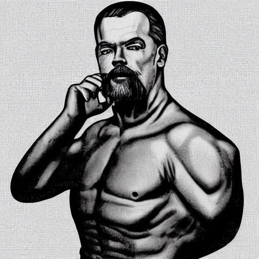 Image similar to lgbt art, tom of finland style, vladimir lenin, in billy herrington body, communism art in 4 k, high quality