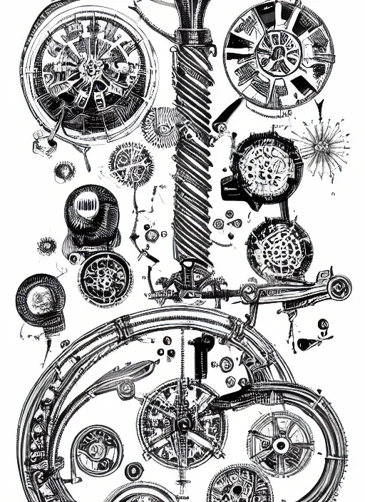 Prompt: black and white boho scientific illustration of mysterious and arcane mechanical items. by skullfungus, composition, fine lines, very high details