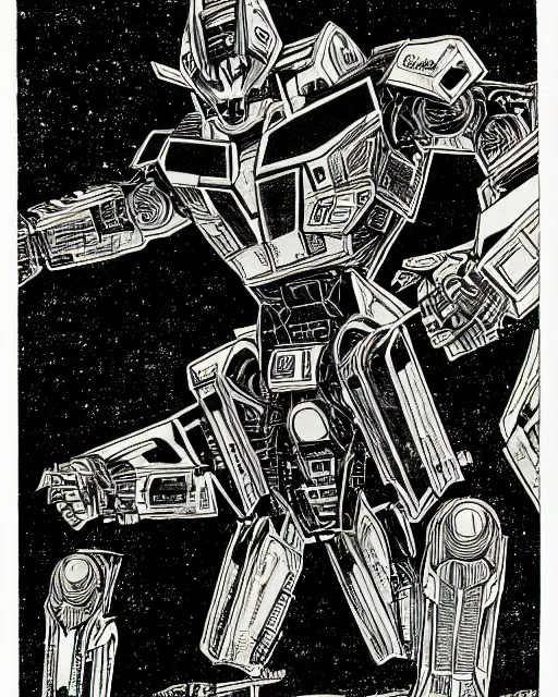 Image similar to an illustration of the autobot bumblebee, full body, standing in rectangular border, pen-and-ink illustration, etching, by Russ Nicholson, DAvid A Trampier, larry elmore, 1981, HQ scan, intricate details