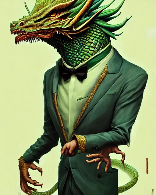 Image similar to anthropomorphic art of a businessman dragon, green dragon, portrait, victorian inspired clothing by artgerm, victo ngai, ryohei hase, artstation. fractal papers and books. highly detailed digital painting, smooth, global illumination, fantasy art by greg rutkowsky, karl spitzweg