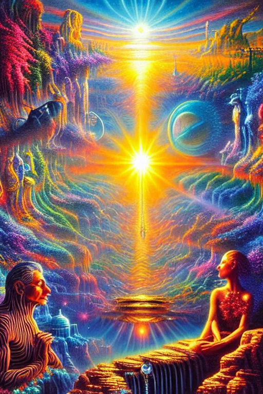 Prompt: a realistic detailed cinematic painting of a beautiful clear glass vibrant wonderland of consciousness, human spirit evolution, spiritual enlightenment, opal statues, by david a. hardy, kinkade, lisa frank, wpa, public works mural, socialist