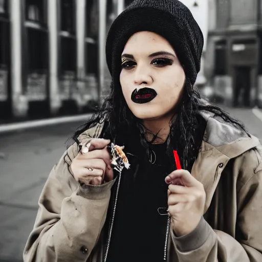 Image similar to photograph portrait of a mixed woman with face tattoos smoking a cigarette wearing a black beanie and black bomber jacket, urban environment, depth of field, 8k, hd, award-winning, 82 mm sigma