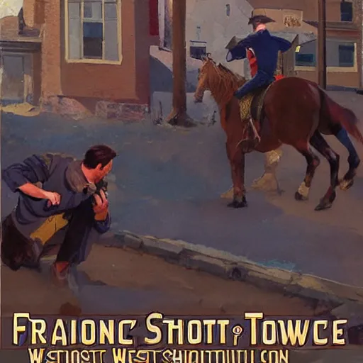 Image similar to dynamic shootout in western town, by tom lovell and frank schoonover and dean cornwell