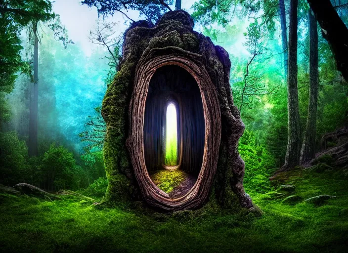 Image similar to photo of a portal to another world. Forest in the background. Fantasy magic style. Highly detailed 8k. Intricate. Nikon d850 55mm. Award winning photography.