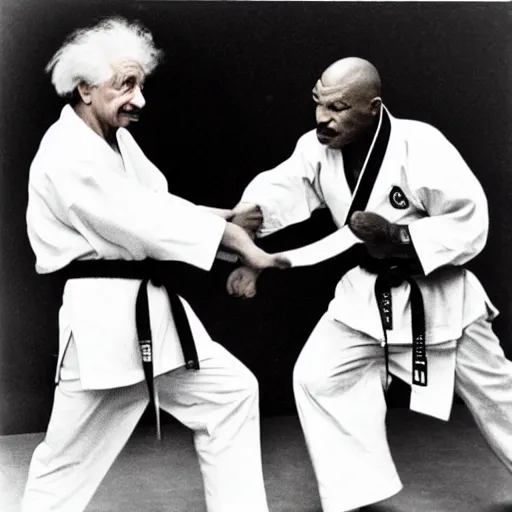 Image similar to albert einstein doing karate with mike tyson