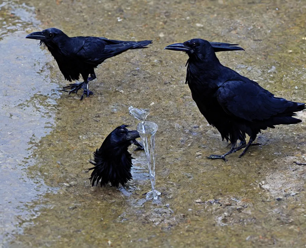 Prompt: Raven drinking water from a river