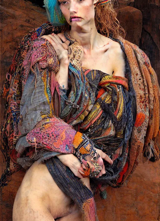 Prompt: portrait of a beautiful woman in the desert wearing a scarf with colourful intricate psychodelic patterns, by edgar maxence and caravaggio and michael whelan and delacroix style, artistic, intricate drawing, light brazen, realistic fantasy, extremely detailed and beautiful aesthetic face, establishing shot, 8 k resolution, dramatic lighting