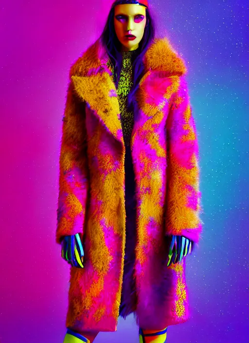 Prompt: coat for a rave, bright colors, many details, prints, photo for a magazine, photo for a store, fashion photography, Vogue, 135 mm, cinematic, hyper realism, high detail, octane render, 8k, chrome accents