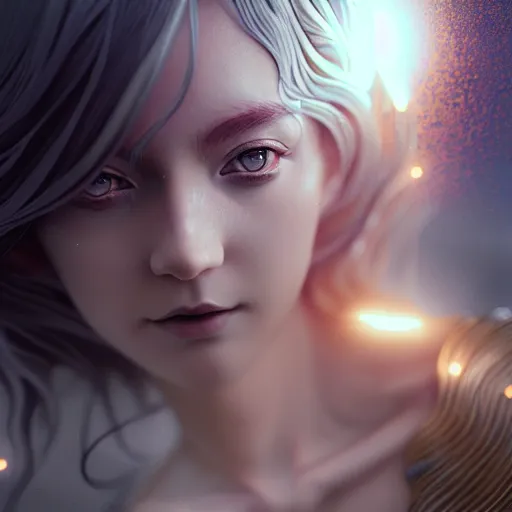 Image similar to goddess of time by tom bagshaw, gold eyes and silver wavy hair by ilya kuvshinov, rtx reflections, octane render 1 2 8 k, extreme high intricate details by wlop, digital anime art by ross tran, wide shot, close up shot, composition by sana takeda, dramatic lighting by greg rutkowski