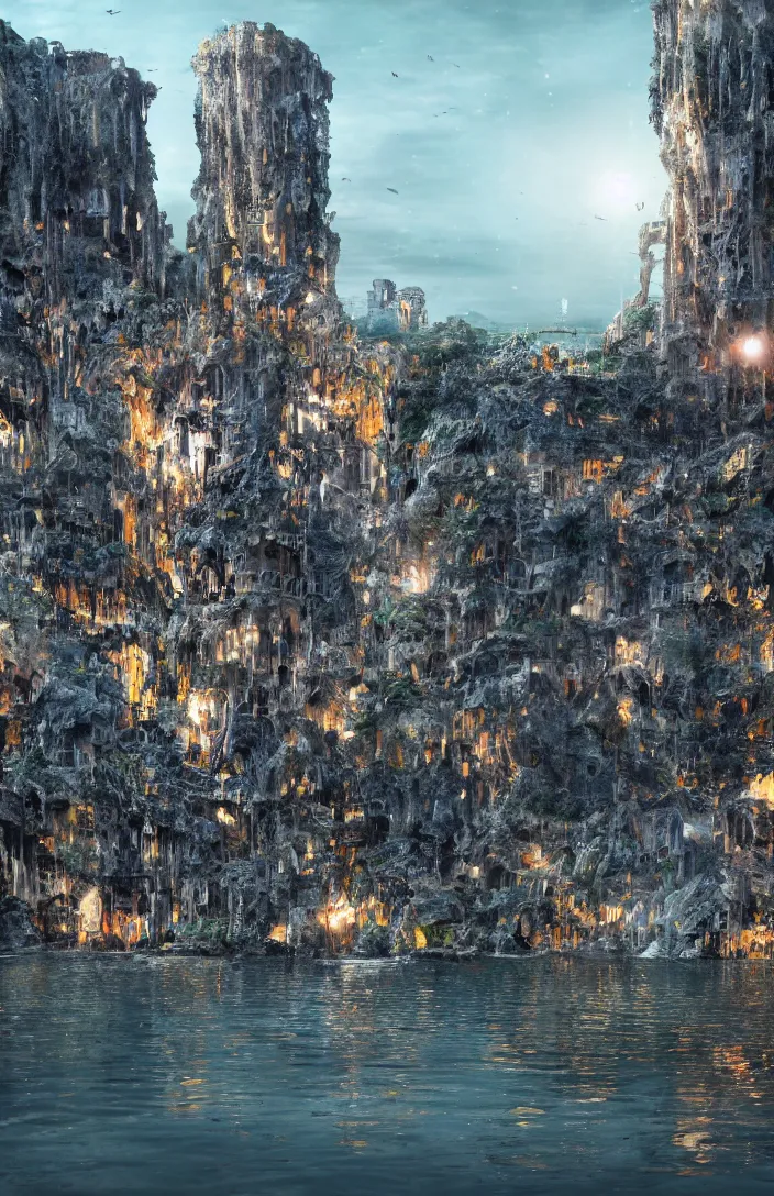 Prompt: Tall building with its bottom half covered by water, all its lights are on. Cave like structures on the edges of the image. Professional Photography, hyper detailed, sharp focus, 4k.