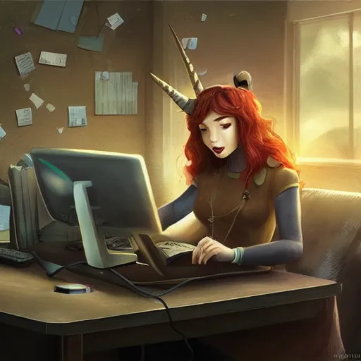 Image similar to unicorn working in an office typing on computer, fantasy, detailed, high quality, artstation contest winner