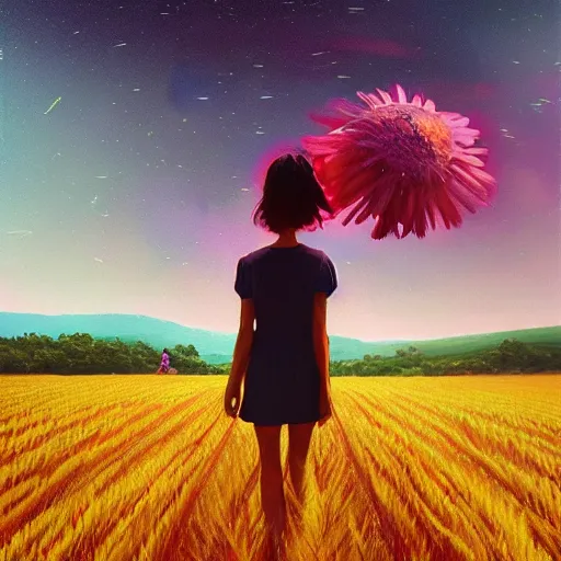 Image similar to giant pink daisy flower head, girl walking in wheat field, hills, surreal photography, dark night, star trails, dramatic light, impressionist painting, clouds, digital painting, artstation, simon stalenhag