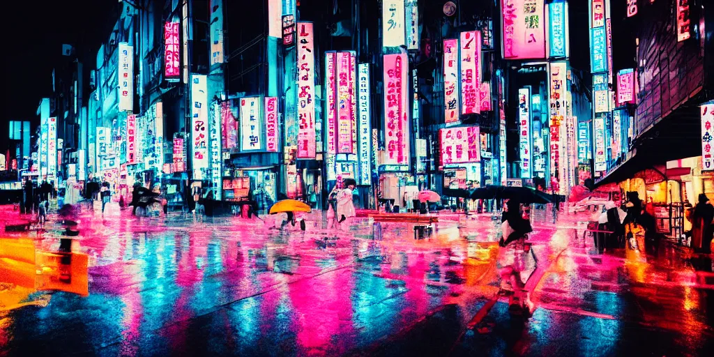 Prompt: analog photo of tokyo in the rain, at night, pink yellow and blue neon signs, slight color bleed