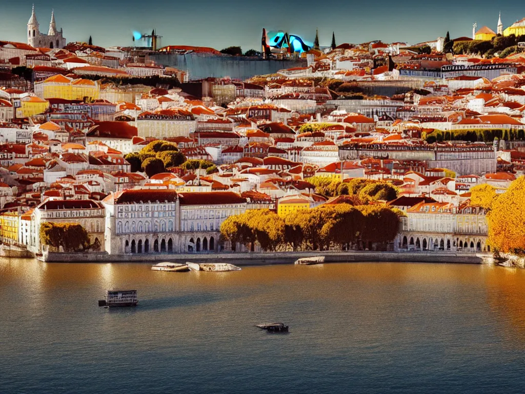 Image similar to a beautiful serene lisbon during autumn on a fine day, photorealistic, hyperdetailed, studio lighting, octane render, caustics