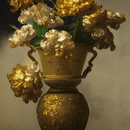 Image similar to 8k, octane render, realism, tonalism, renaissance, rococo, baroque, renaissance , portrait manet painting studio chaotic gold leaf flowers